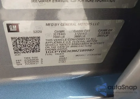 2021 Chevrolet Silverado 1500 4Wd Standard Bed Custom z USA, uszkodzony, nr VIN 1GCPYBEH3MZ189987